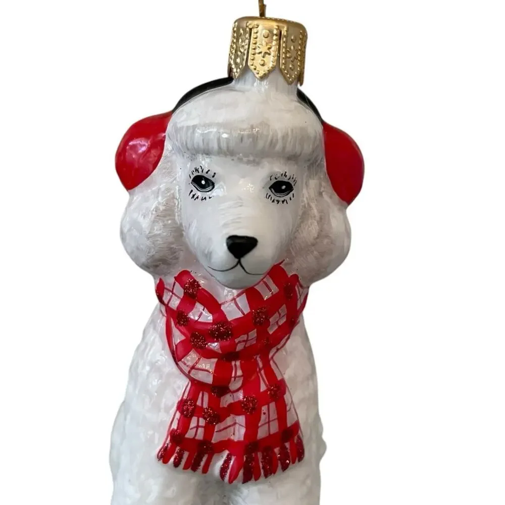 Neiman Marcus White Poodle Wearing Red Scarf & Earmuffs Christmas Ornament NEW